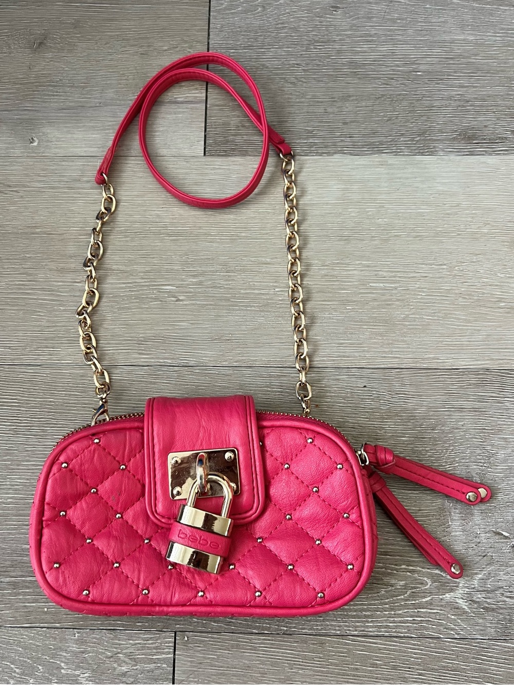Bebe Y2K Quilted Hot Pink & Gold Mini Bag with Lock Hardware